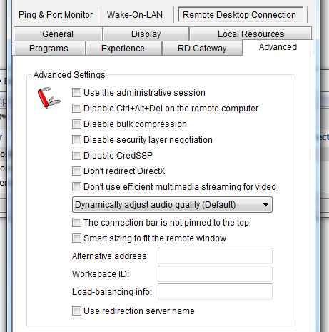 Microsoft Remote Desktop Connection - Advanced settings