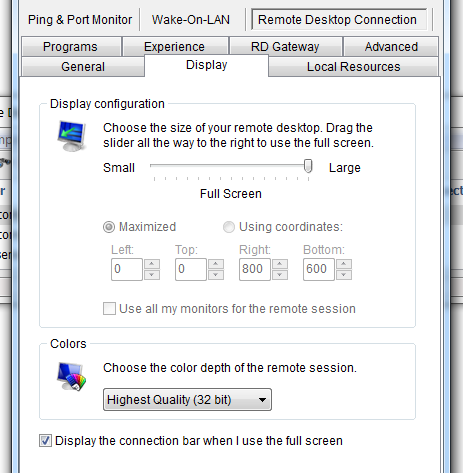 Microsoft Remote Desktop Connection - Display settings