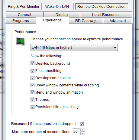 Microsoft Remote Desktop Connection - Experience settings
