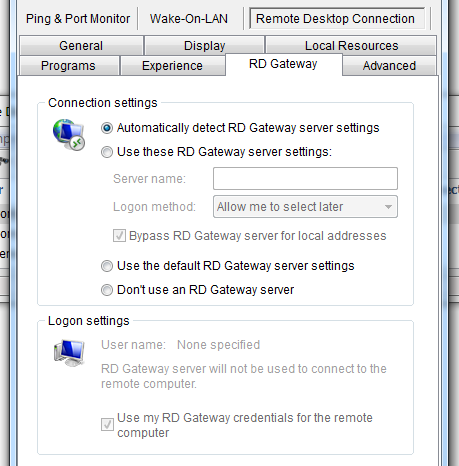 Microsoft Remote Desktop Connection - RD Gateway settings